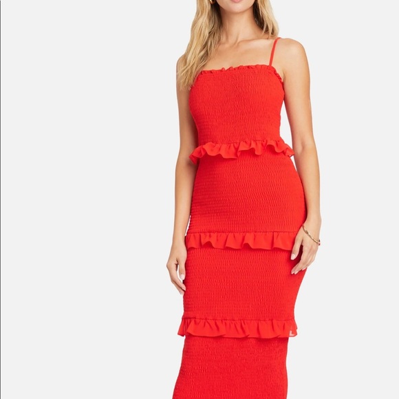 Bebe Smocked Ruffle-Tiered Bodycon Dress in Fiery Red - Picture 2 of 5